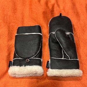 Warm Paws Black Leather Convertible Mittens with Cream Fleece Lining